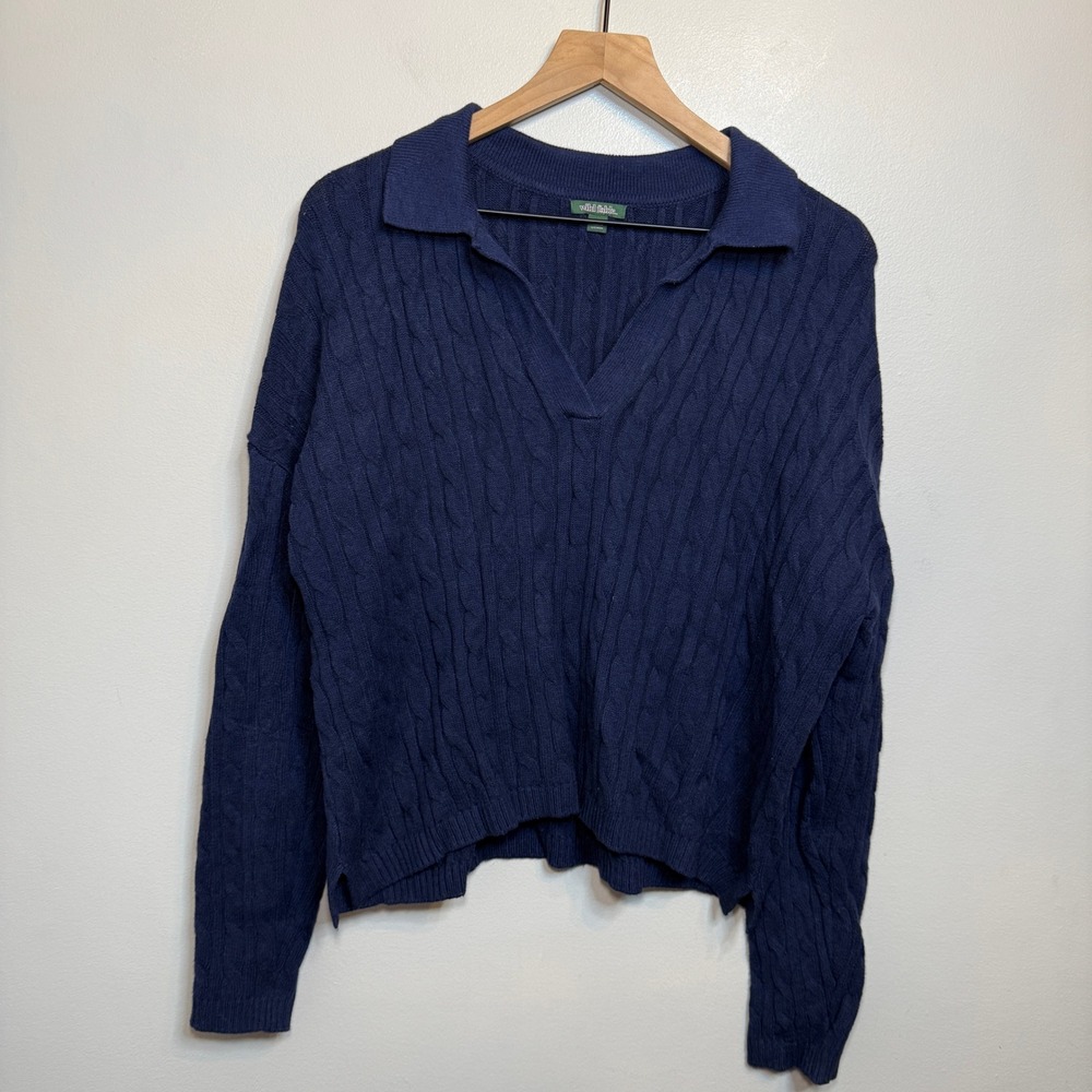 Wild Fable Women's Navy Blue Cable Knit Polo V-Neck Sweater Size Medium Relaxed